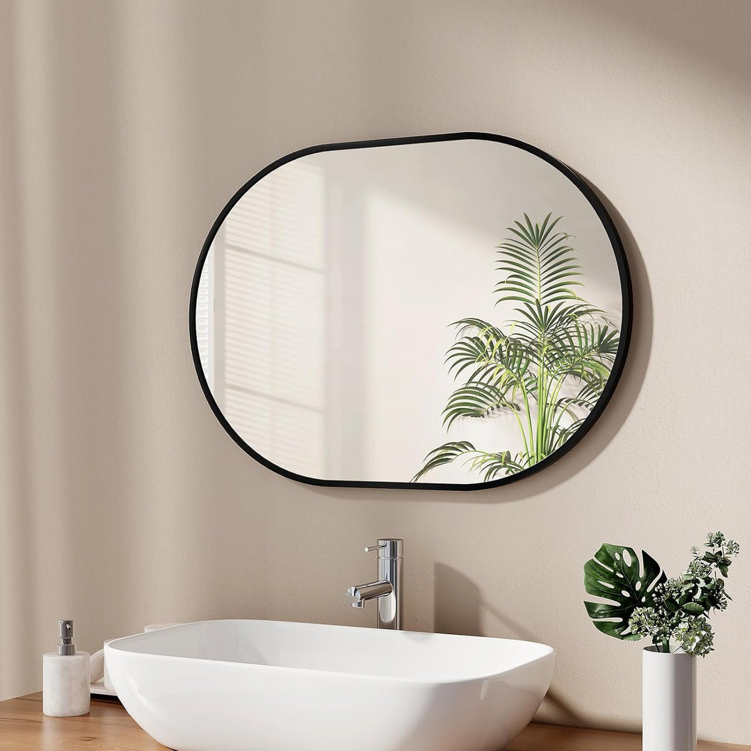 EMKE Badspiegel Oval 50 x 70 cm Spiegel mit Schwarzer Rahmen Wandspiegel Oval Horizontal/Vertikal Ba