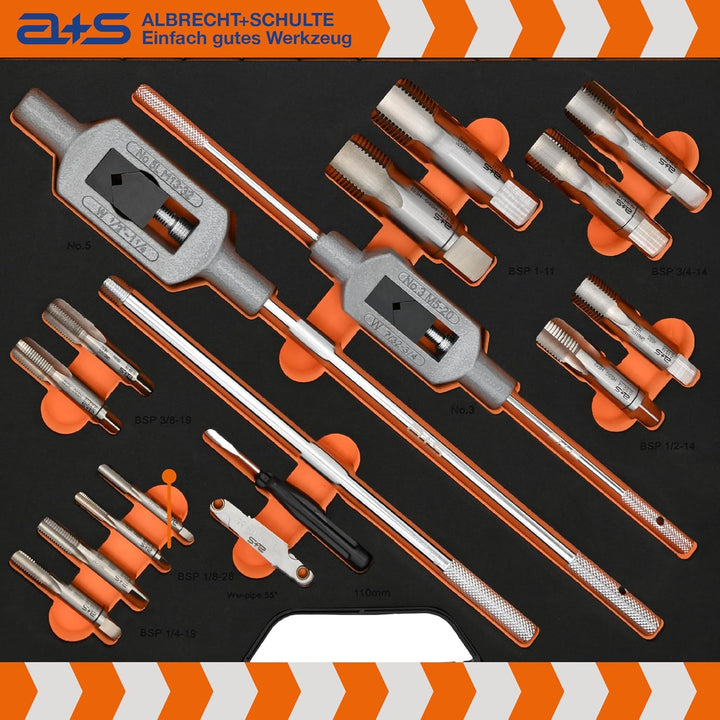 a+s HSS BSP G Rohrgewindeschneider Set | 1/8-1'', 27-tlg. | Gewindeschneider Set Zoll | Whitworth Ro