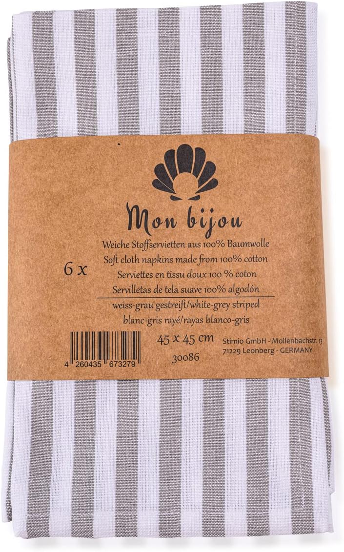 mon bijou® - 6 angenehm weiche Stoffservietten grau-weiss gestreift I 100% Baumwolle I 45 x 45 cm I