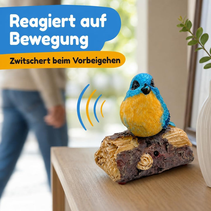 MIJOMA Dekovogel mit Vogelgezwitscher & Bewegungsmelder – Zwitschernder Vogel auf AST, Handbemalt, 1