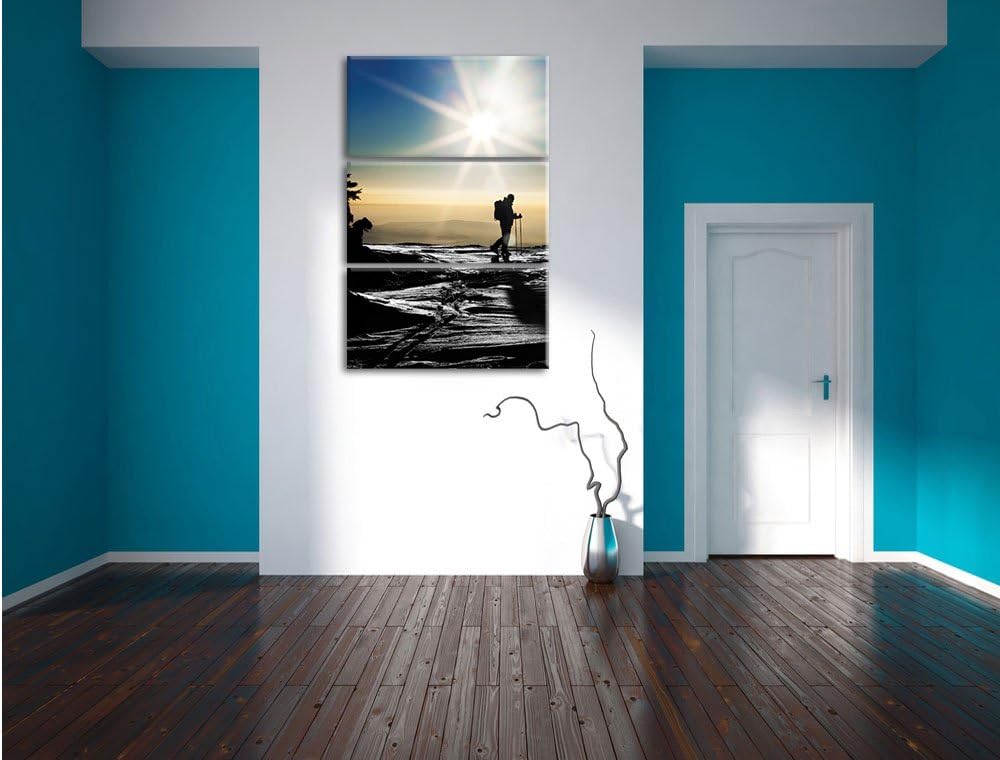 Pixxprint Ski Langläufer auf Berg schwarz/weiss 3-Teiler Leinwandbild 120x80 Bild auf Leinwand