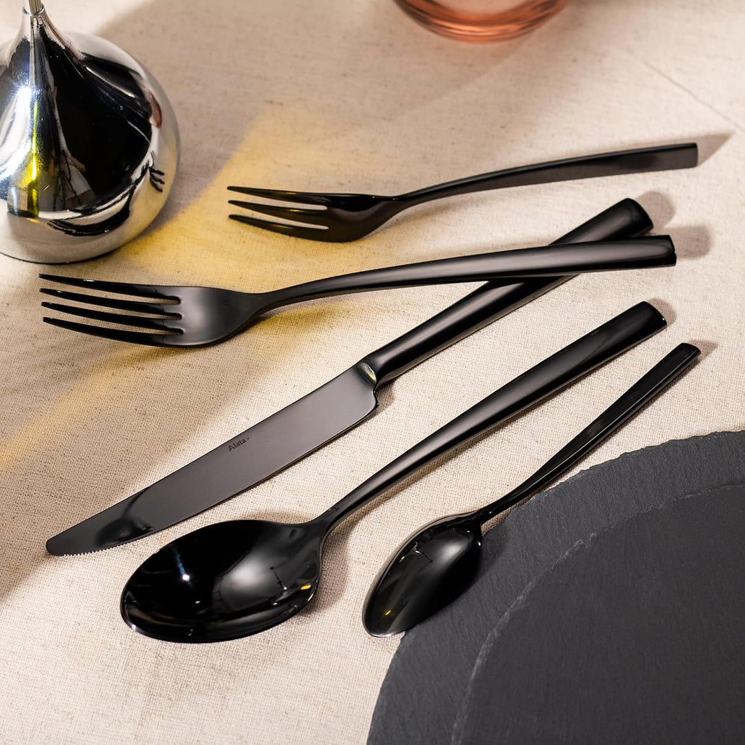 Alata Konrad 18/10 Edelstahl Poliert Schwarz, Besteck Set 6 Personen, Essbesteck 30 teilig, Monobloc