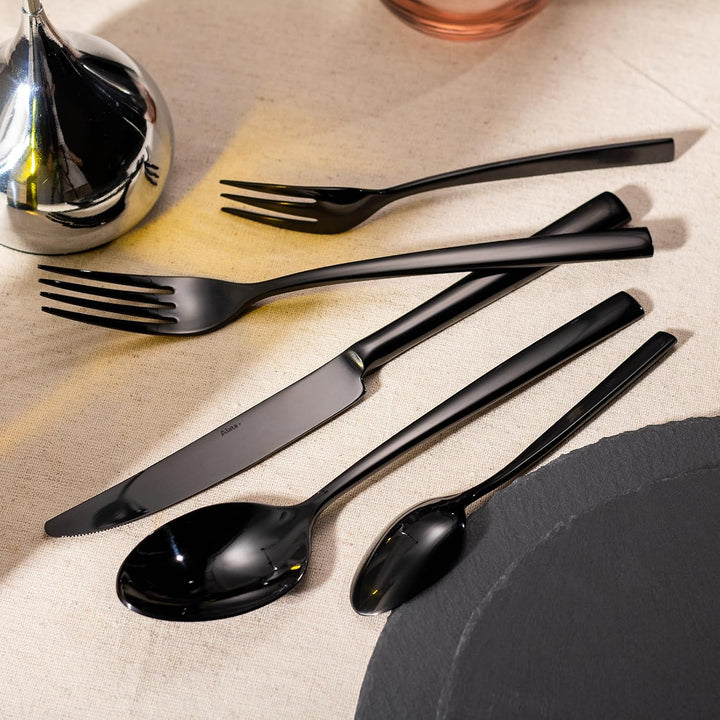 Alata Konrad 18/10 Edelstahl Poliert Schwarz, Besteck Set 6 Personen, Essbesteck 30 teilig, Monobloc