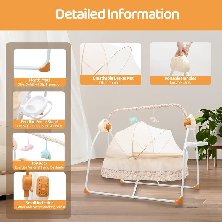 Babywiege elektrisch mit Bluetooth &amp; 12 Liedern, Babyschaukel 5 Geschwindigkeiten &amp; Timer 8-60 Min –