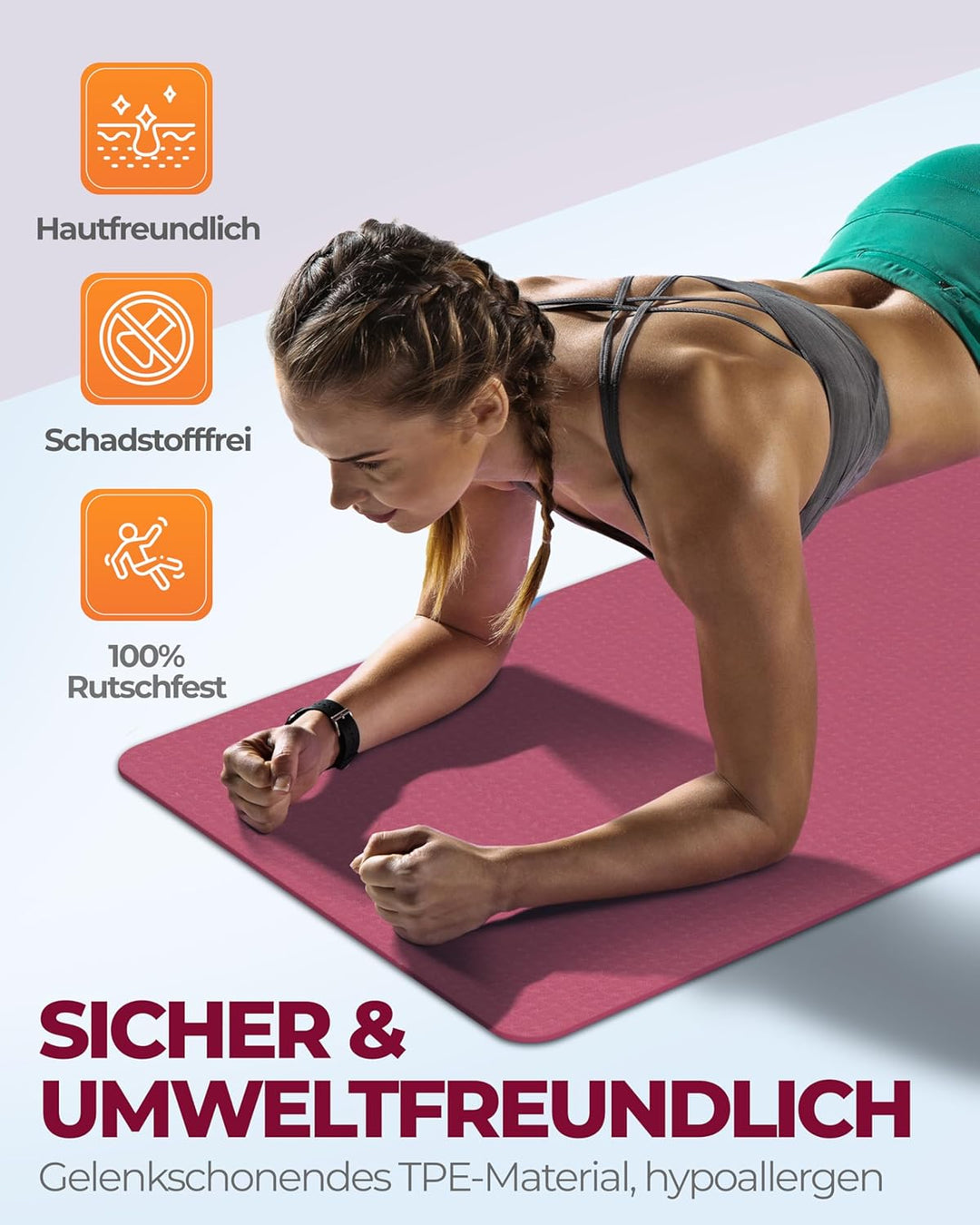 Fitleap Yoga-Matte Pro aus umweltfreundlichem TPE-Schaum. Sehr rutschfeste, schadstofffreie, hypoall