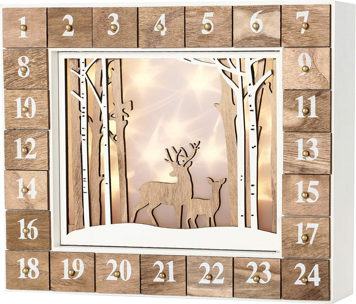 BRUBAKER Adventskalender aus Holz zum Befüllen - Weisse Winterlandschaft mit LED Beleuchtung - Wiede