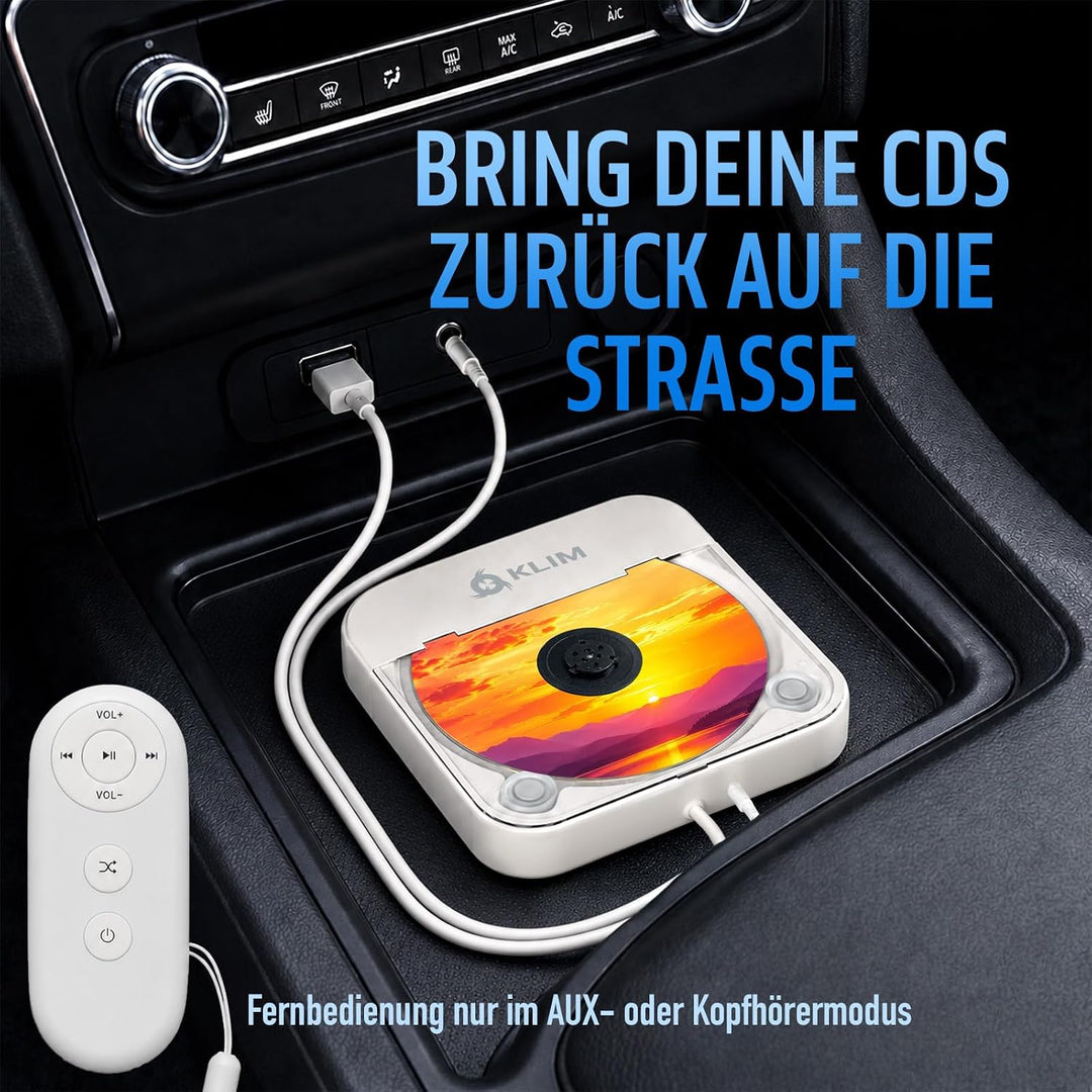 KLIM CD Player für Auto – Tragbarer USB CD Player, Externes CD-Laufwerk fürs Auto, Anti-Schock, Plug