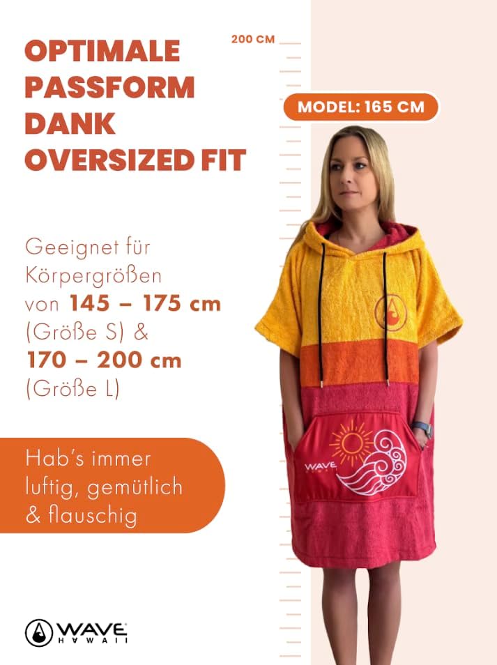 WAVE HAWAII Bade-Poncho Damen & Herren “Paia” | Grösse S 145-175cm I 95% Baumwolle Surf-Poncho für E