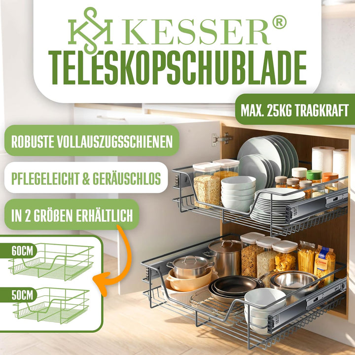KESSER® Teleskopschublade 60cm Schrankbreite verchromt aus Edelstahl Schubladeneinsatz für Küchensch
