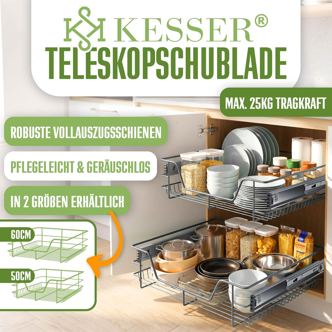 KESSER® Teleskopschublade 60cm Schrankbreite verchromt aus Edelstahl Schubladeneinsatz für Küchensch