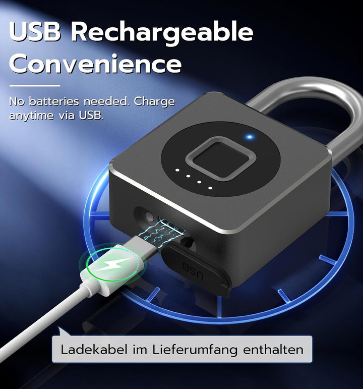 Smart Fingerabdruck Vorhängeschloss mit Bluetooth App – Elektronisches Kombischloss für Fitnessraum,