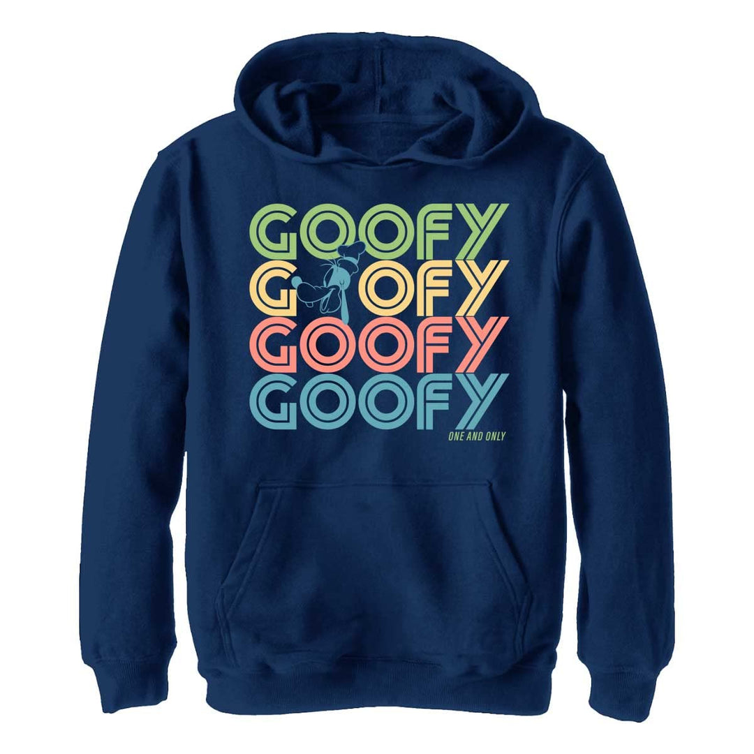 Disney Characters Retro Stack Goofy Boy's Hooded Pullover Fleece, Navy Blue Heather, Small