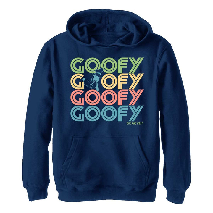 Disney Characters Retro Stack Goofy Boy's Hooded Pullover Fleece, Navy Blue Heather, Small
