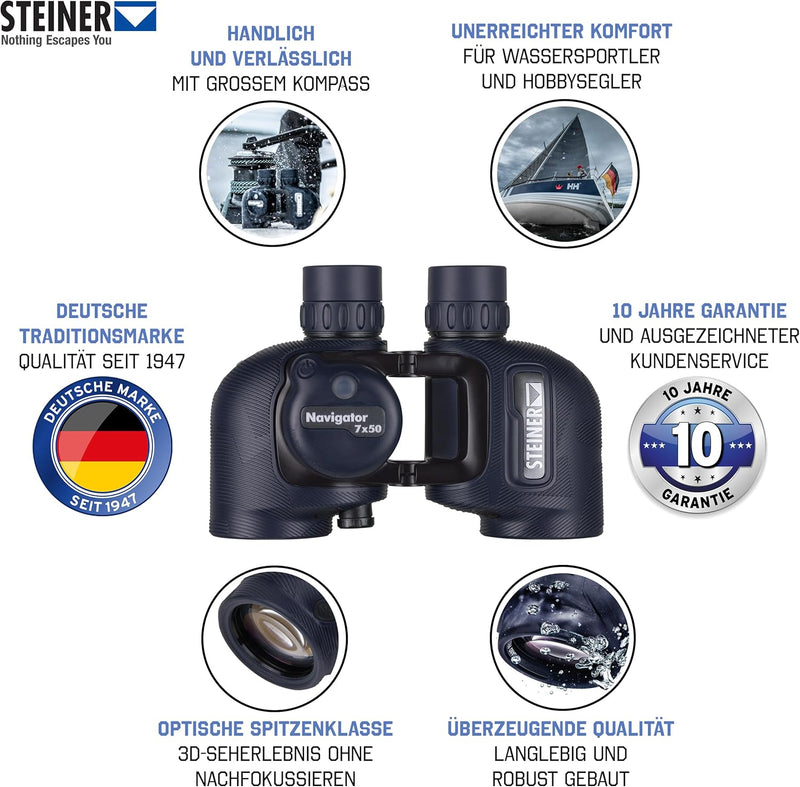 STEINER Marine-Fernglas Navigator 7x50c - HD-stabilisierter Kompass, deutsche Qualitätsoptik, Open-B