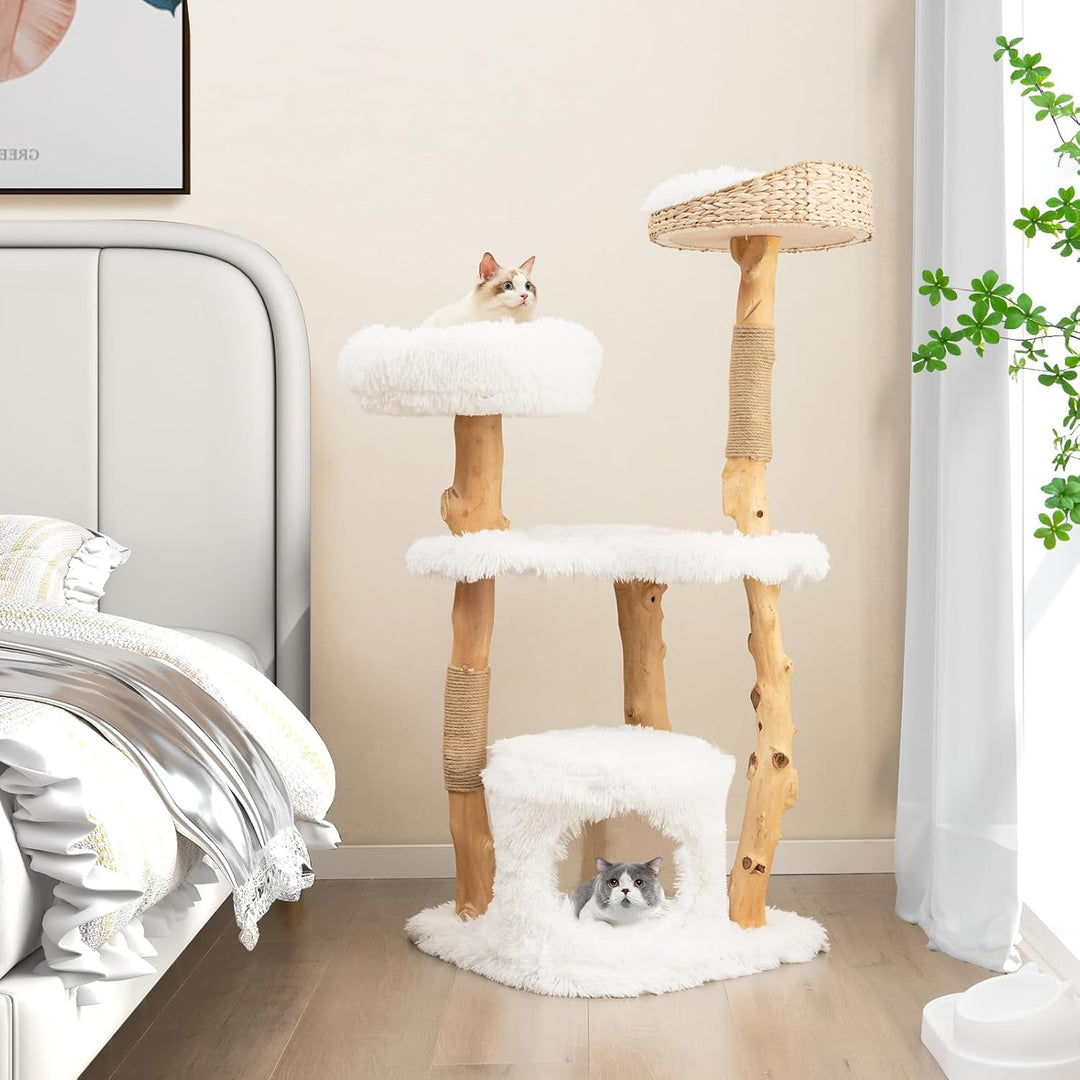 SOARS Kratzbaum Holz, Katzenbaum mit 3 natürlichen Birnbaumstämmen, Katzenhöhle & Plüschflächen, Kat