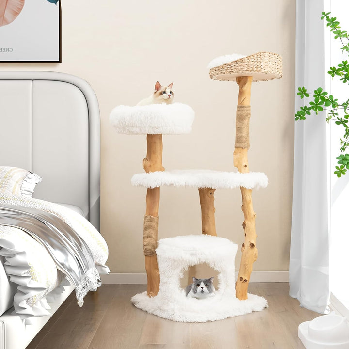 SOARS Kratzbaum Holz, Katzenbaum mit 3 natürlichen Birnbaumstämmen, Katzenhöhle & Plüschflächen, Kat