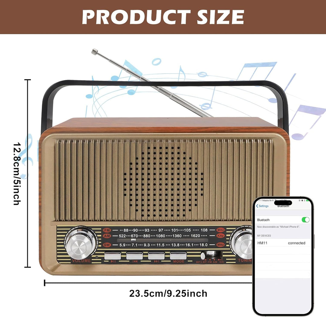 Retro Radio mit Bluetooth, Nostalgie Kofferradio Klein mit AM/FM/SW3, USB/TF/AUX, Wiederaufladbar, K