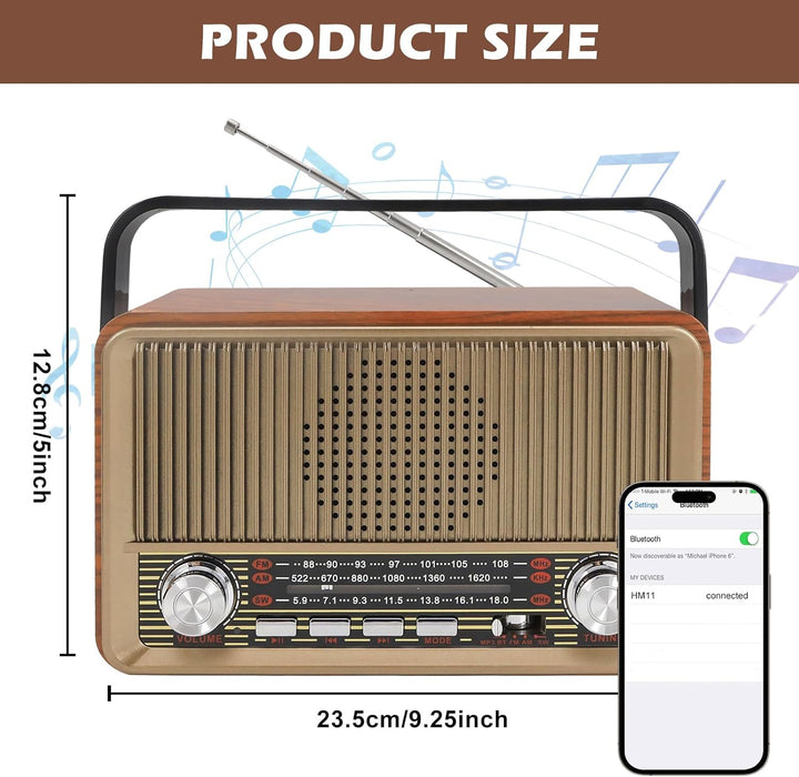 Retro Radio mit Bluetooth, Nostalgie Kofferradio Klein mit AM/FM/SW3, USB/TF/AUX, Wiederaufladbar, K
