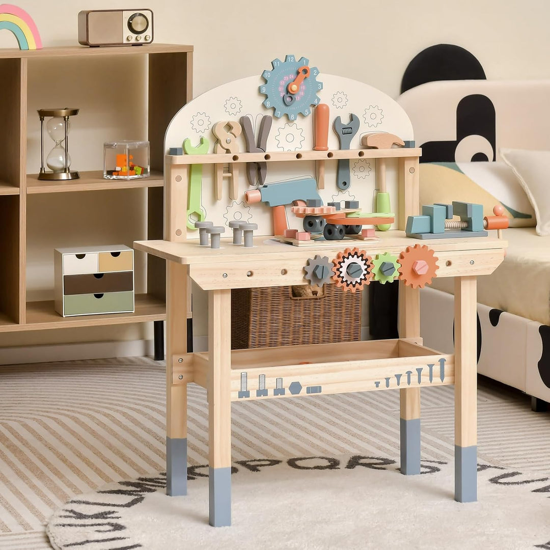GOPLUS Kinder Werkzeugbank, Spielwerkbank aus Holz mit magnetischem Werkzeughalter, Arbeitsplatte &