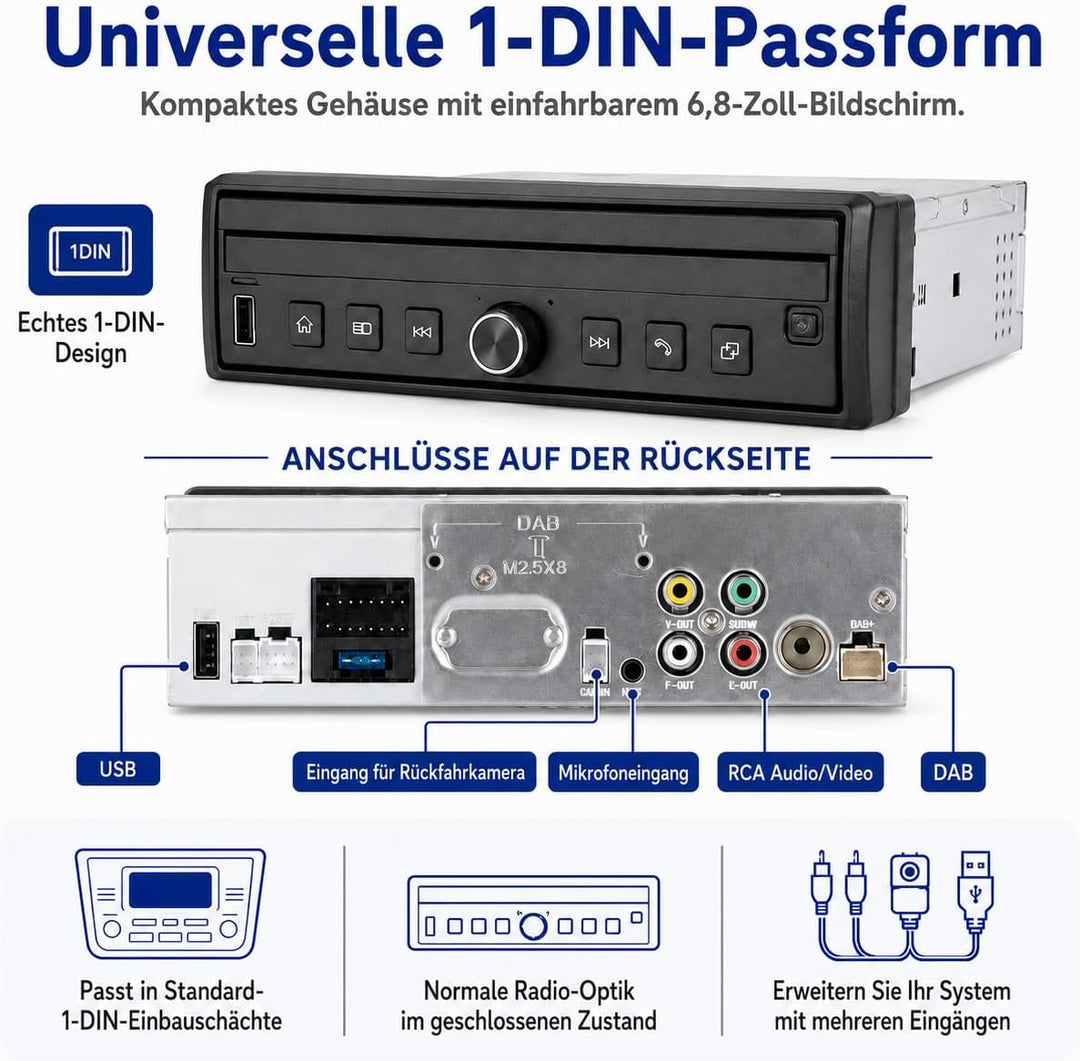1 DIN Autoradio mit 6,8 Zoll ausfahrbarem Touchscreen, Linux System, Wireless CarPlay Android Auto,