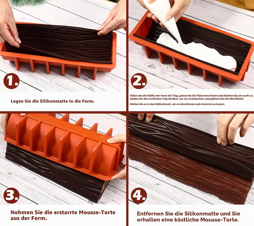 webake Buche de Noel Backform Silikon mit 2 Stück Silikonmatte Kuchenform Silikonform Weihnachtskuch