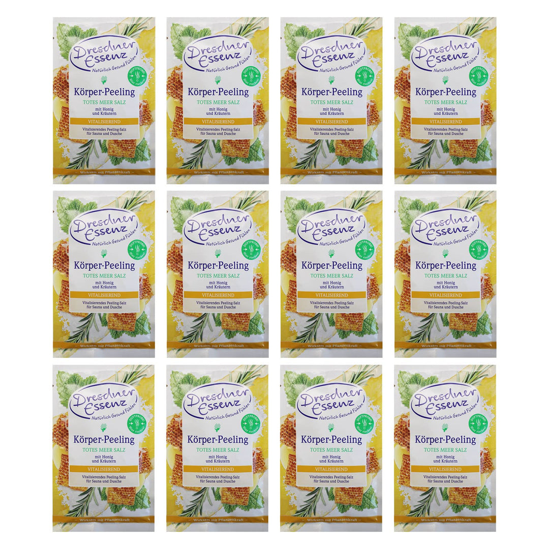 12er Pack Dresdner Essenz Körper-Peeling Totes Meer Salz Honig Kräuter 12 x 50 g Hautpeeling 50 g (1