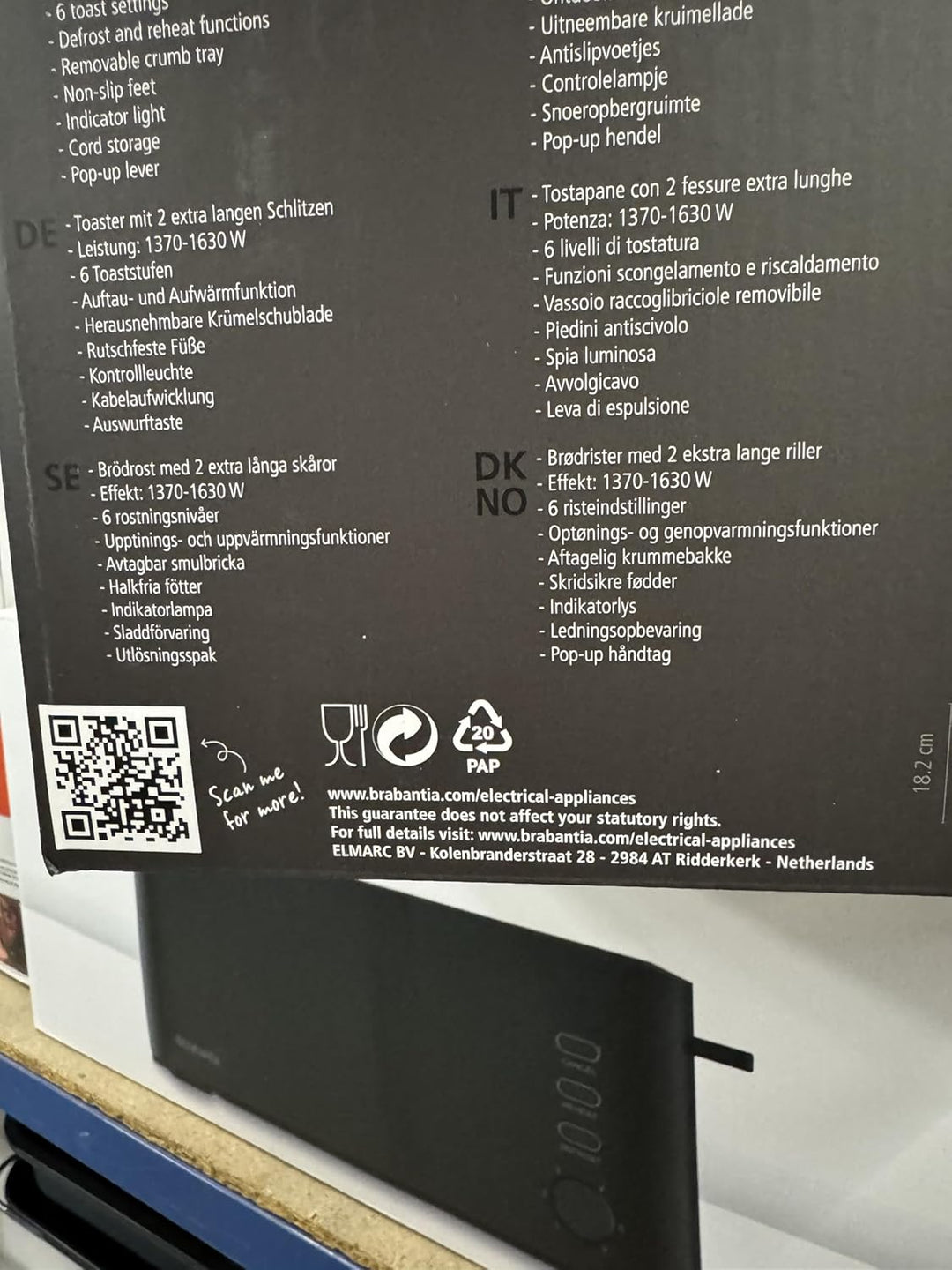 Brabantia Toaster, Doppel-langschlitz-Röstschachte, 8 bräuningsstufen, Krümelschublade, Schwarz, BBE