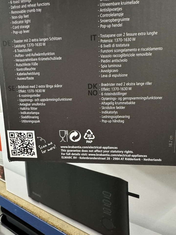 Brabantia Toaster, Doppel-langschlitz-Röstschachte, 8 bräuningsstufen, Krümelschublade, Schwarz, BBE