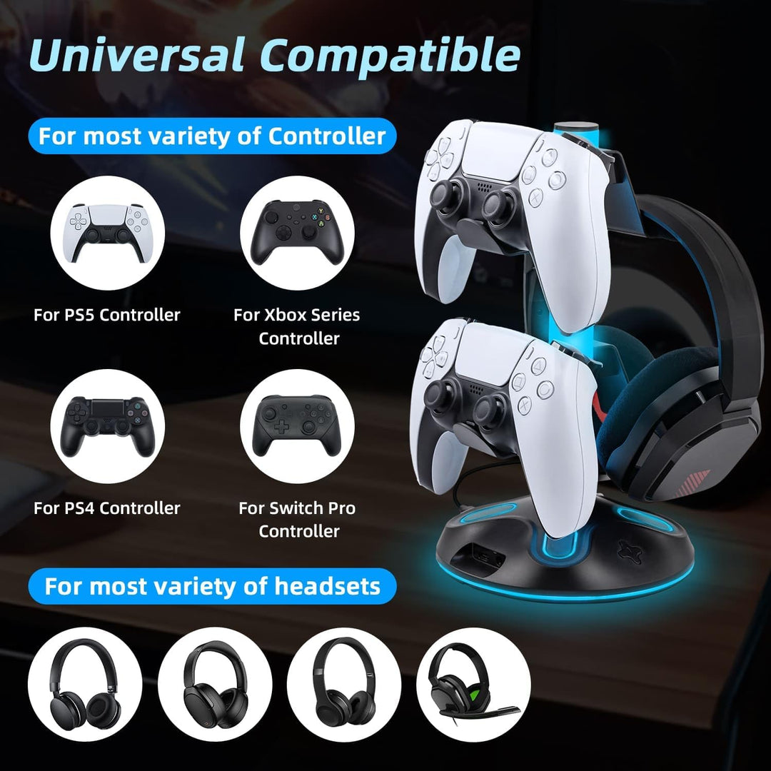 RGB Gaming Kopfhörer Ständer mit 9 Lichtmodi，Controller Halter Schreibtisch,Headset Halterung mit 2