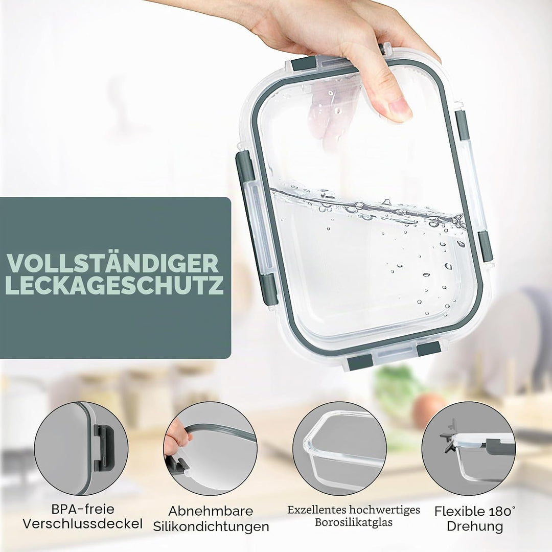 VERONES 10 Stück Glas Crisper Set, luftdichte Glas-Lunchbehälter, Abgedichtete & stapelbare Glasbehä