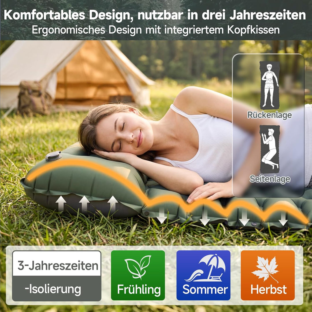 HAUSPROFI Isomatte Camping Luftmatratze extra breit, Ultraleicht, aufblasbar – mit integriertem Kiss