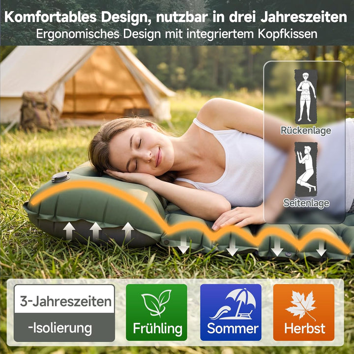 HAUSPROFI Isomatte Camping Luftmatratze extra breit, Ultraleicht, aufblasbar – mit integriertem Kiss