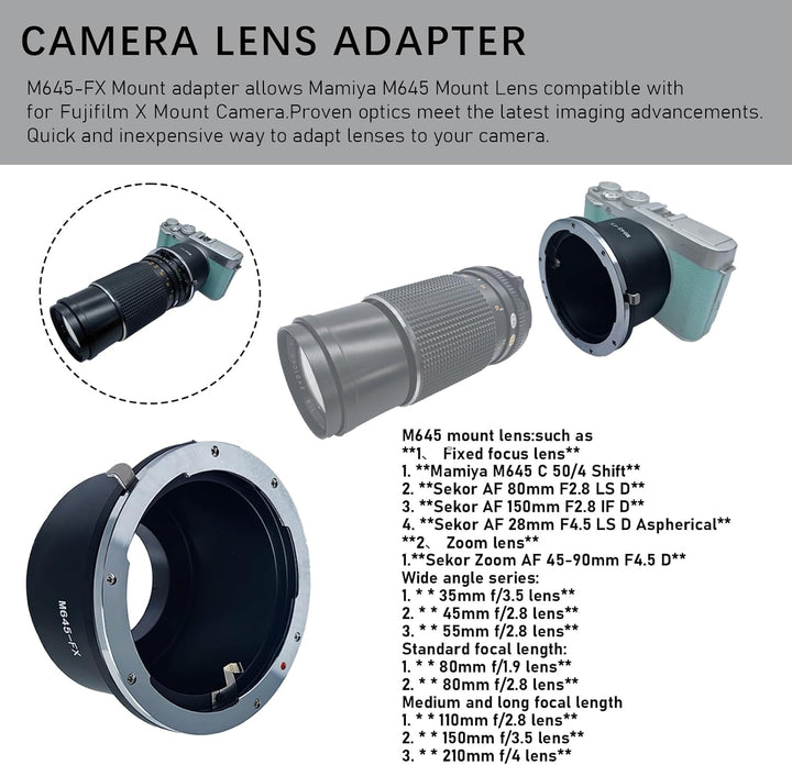 M645-FX Objektiv Adapter Adapterring,für Mamiya 645 M645 Objektiv Kompatibel für Fujifilm X (X-Mount