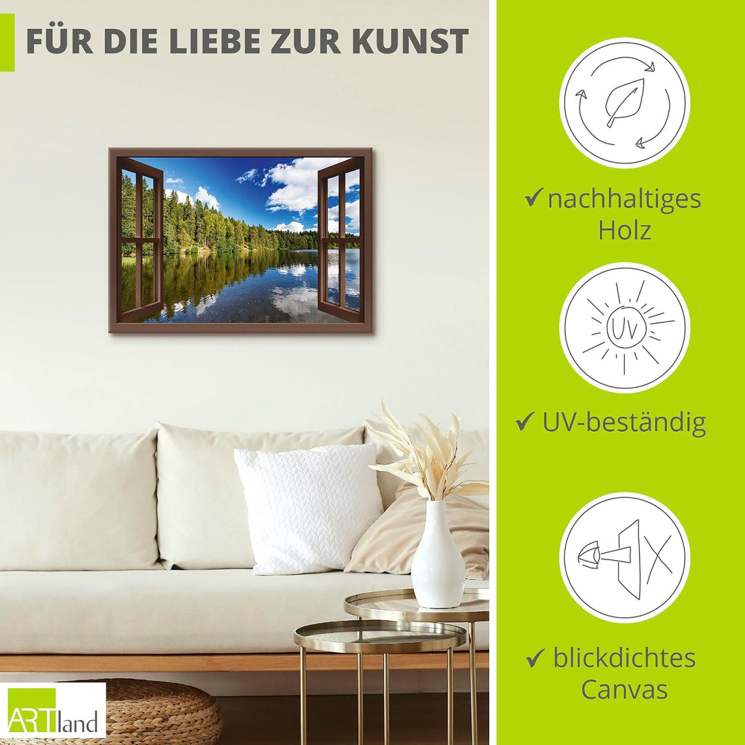 ARTland Leinwandbilder Wandbild Bild Leinwand 100x70 cm Fensterblick Wald See Landschaft Norwegen Na
