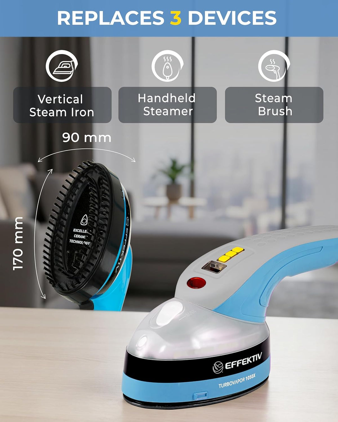 Vertikales Dampfbügeleisen EFFEKTIV TurboVapor 1050X, leistungsstarker Dauerdampf - 400 mg/min, 3-in