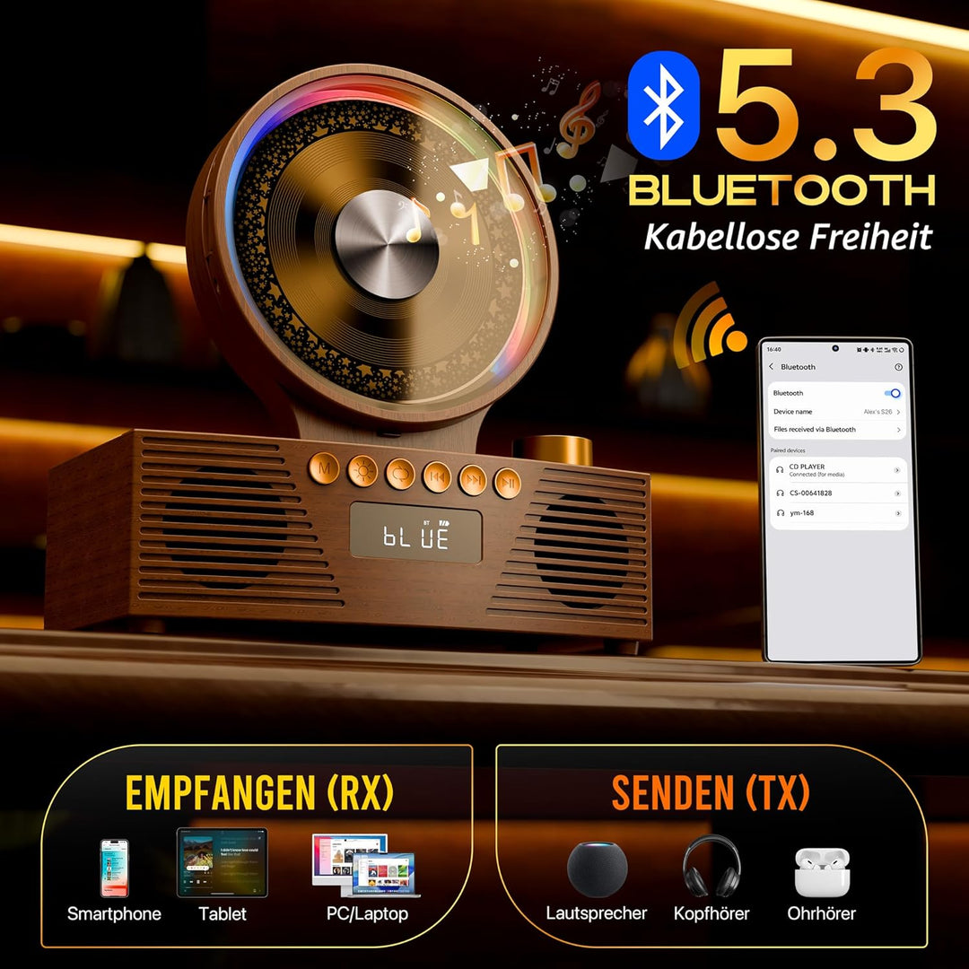 ROADOM CD Player Bluetooth 5.3 mit Dual Lautsprecher, 4000mAh Tragbar Wiederaufladbar, 6-in-1 Wieder