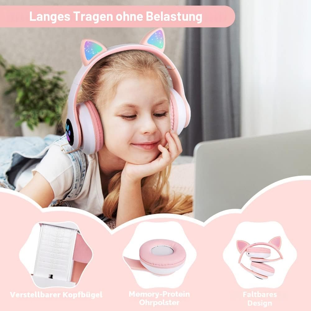 AXFEE Kopfhörer Kinder, Kinderkopfhörer Bluetooth, Mädchen Katzenohr Over-Ear mit LED-licht Faltbare