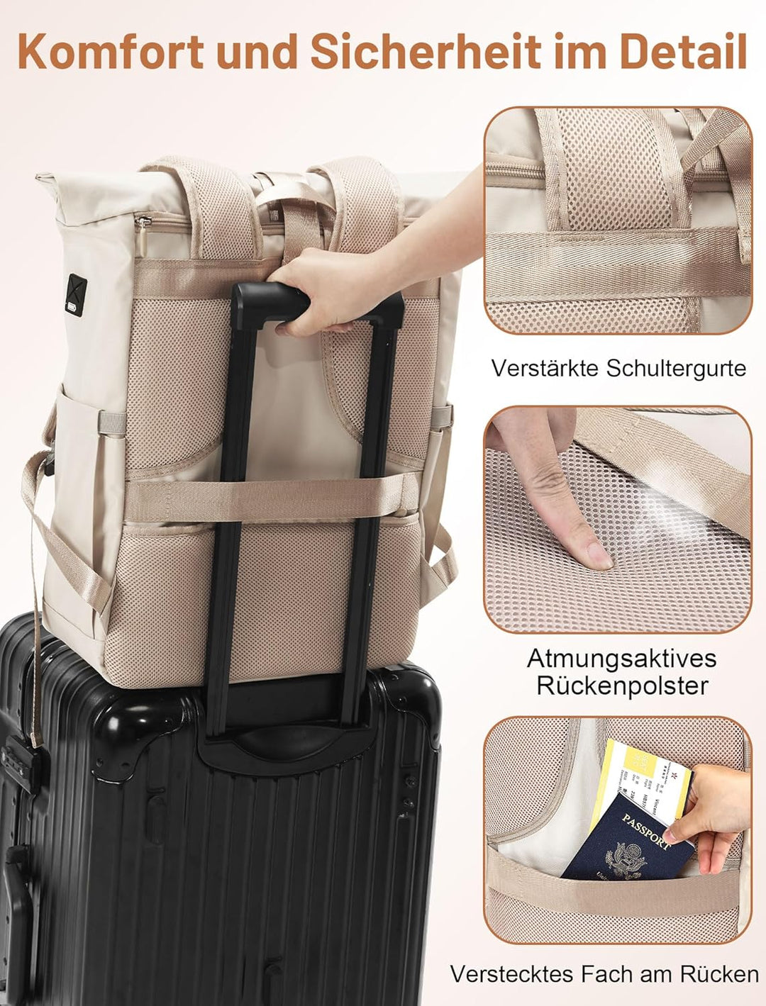 Rucksack Damen & Herren, 24-30L Rolltop Rucksack Laptoprucksack mit 17 Zoll Laptopfach & USB Anschlu