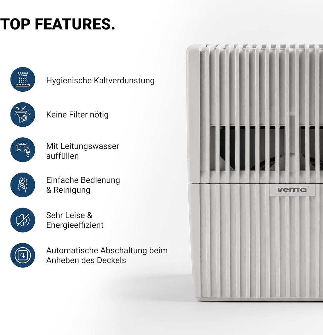 Venta Luftbefeuchter LW15 Classic Original, sehr leise 20 dB(A), energieeffizient 2 Watt, hygienisch