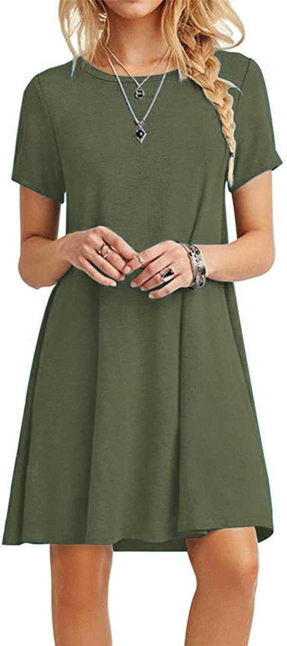 MOLERANI Damen Sommerkleider Casual T-Shirt Kurzarm Strandkleid Loose Swing Damenkleid Armeegrün S,