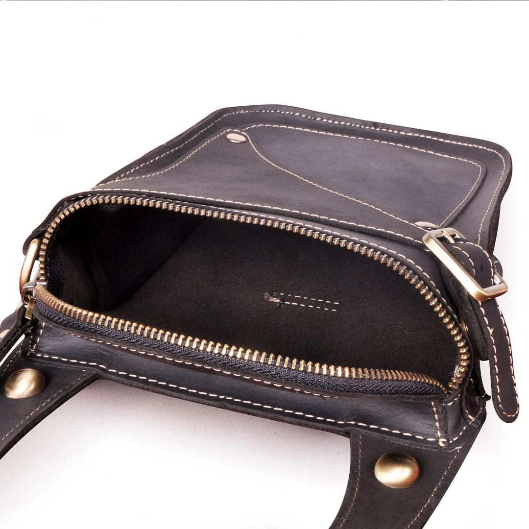 Le'aokuu Herren Leder Motorrad Hüfttasche Messenger Schulter Drop Leg Bag 9326 Dunkelschwarz, 9326 D