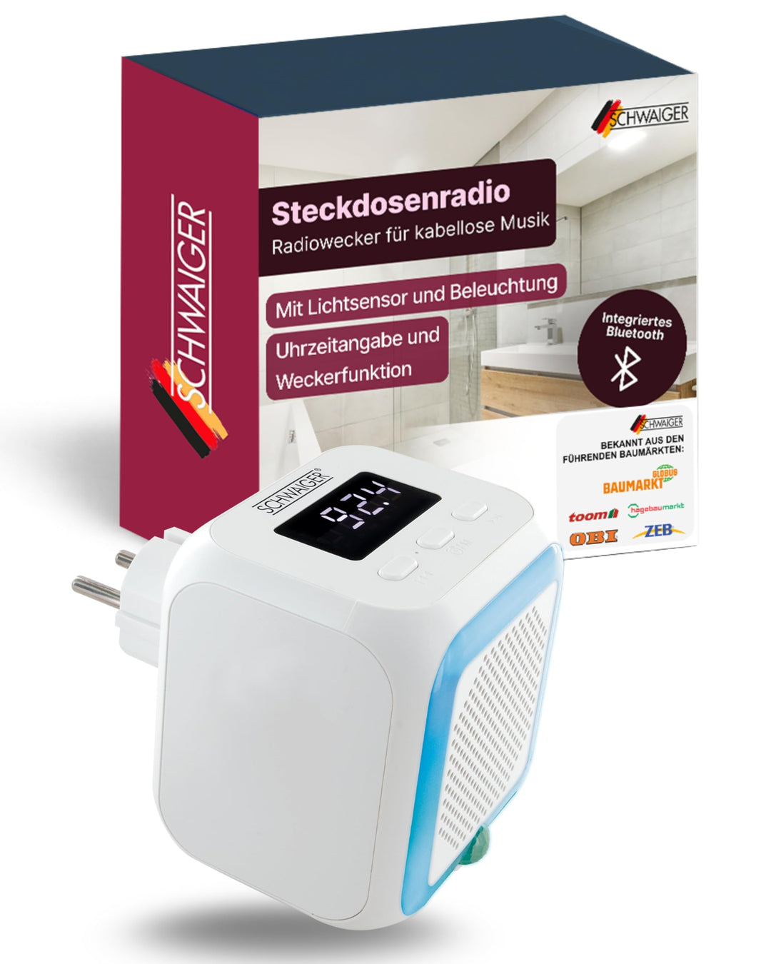 SCHWAIGER RAFM0100 Steckdosenradio Badezimmerradio Radio Steckdose FM Bluetooth Steckdosenlautsprech