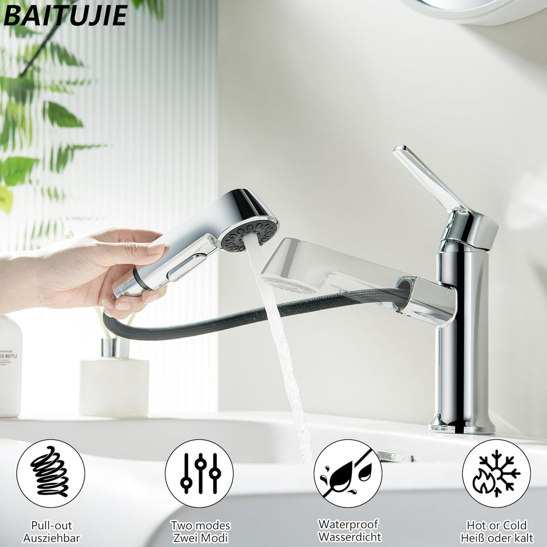 Waschtischarmatur ausziehbar mit Brause, Moderne Wasserhahn Bad Armatur mit 2 Strahlarten, Badarmatu