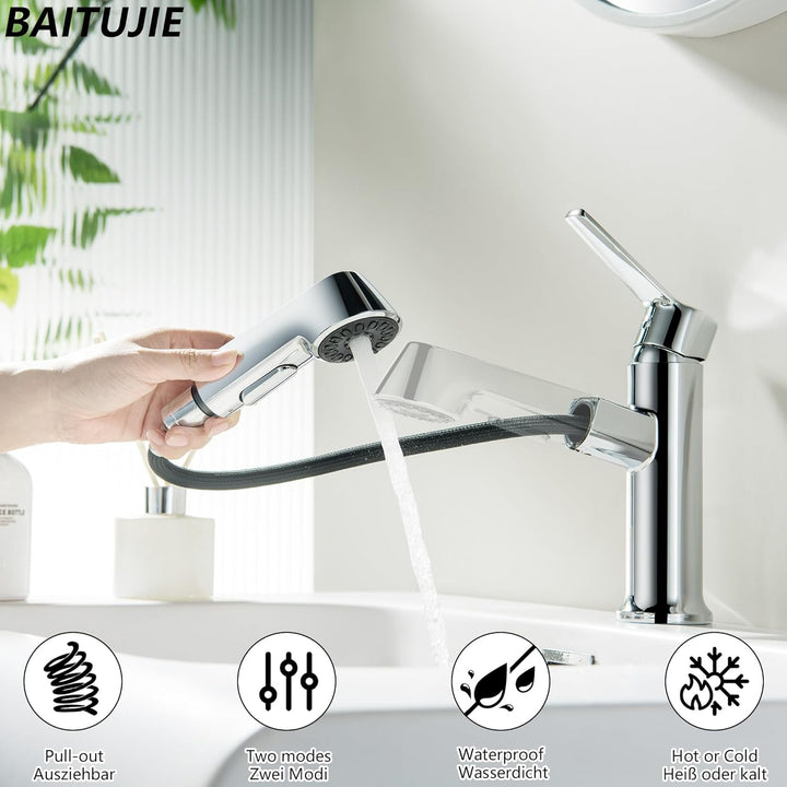 Waschtischarmatur ausziehbar mit Brause, Moderne Wasserhahn Bad Armatur mit 2 Strahlarten, Badarmatu