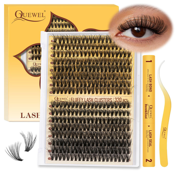 QUEWEL Wimpern-Extensions 320 Stück 30D+40D, DIY Lash Extension Set, Cluster Lashes mit Wimpernklebe
