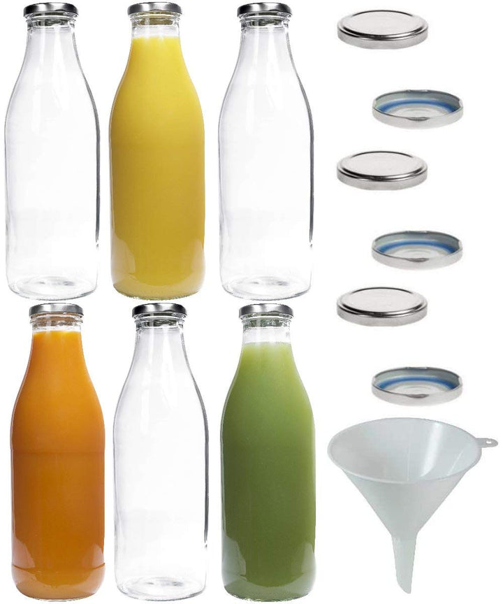 mikken 6x Glasflasche Milchflasche 1 Liter mit 12x PVC freiem Schraubverschluss inkl Trichter Versch