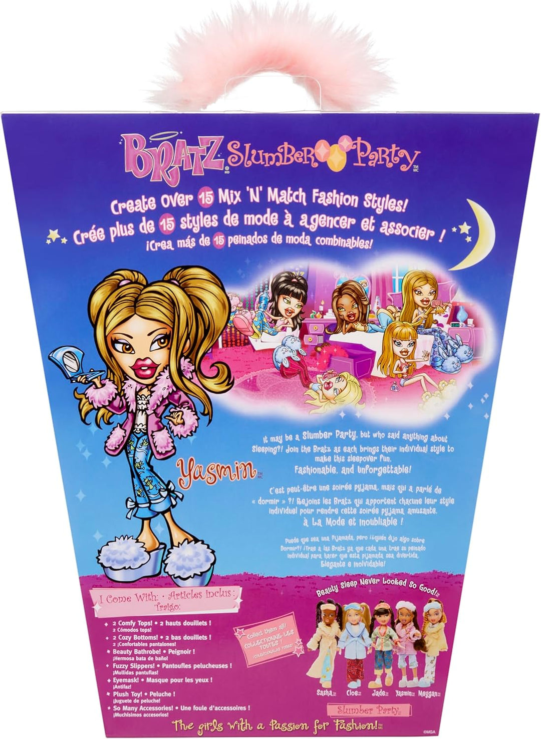 Bratz Slumber Party - Yasmin Modepuppe - Mit 2 Pyjama-Garnituren, Plüschtier und Accessoires - Für K
