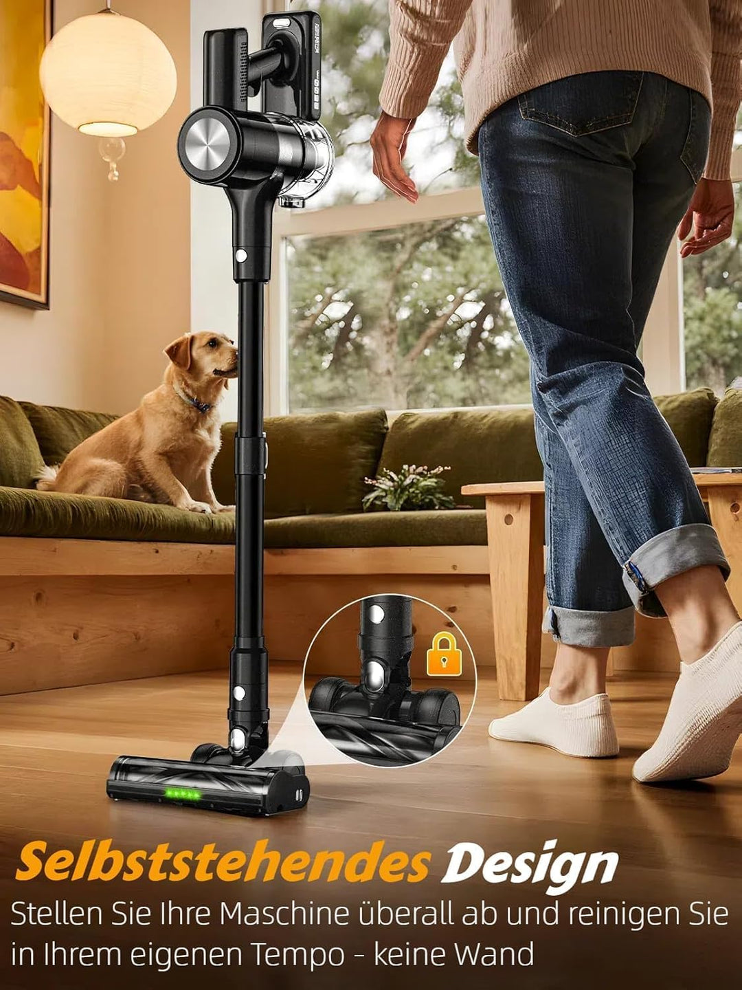 Akku Staubsauger 48KPa/500W/55Mins, Staubsauger Kabellos mit Wandmontierte Ladestation, Selbststehen