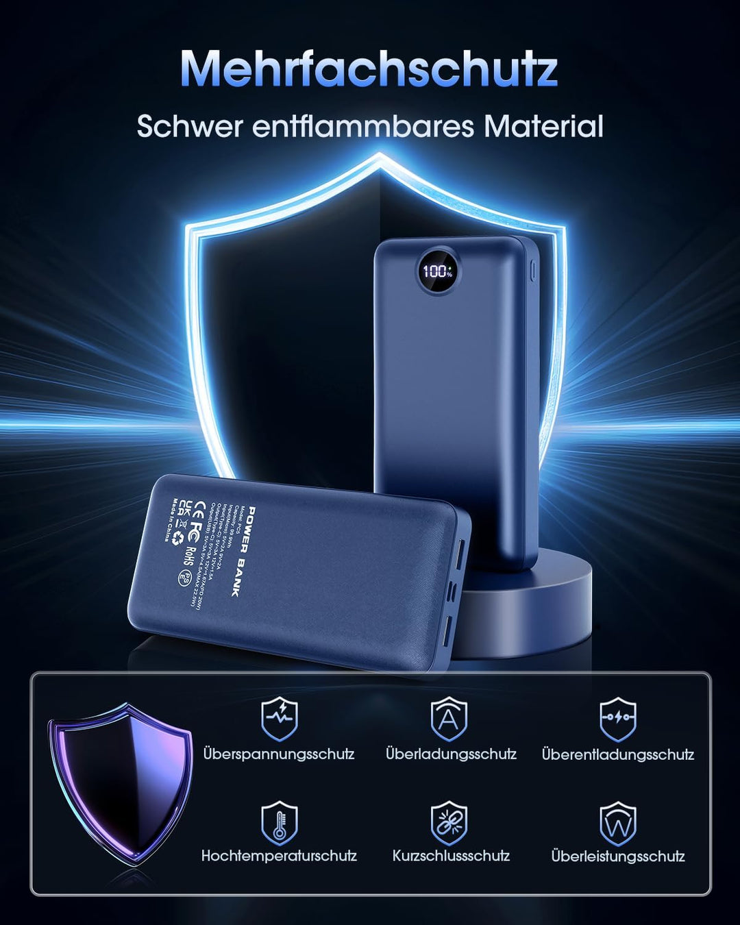 PowerBank 50000mAh Grosse Kapazität, 3 in 1 Ladekabel 22,5W Externer Akku Schnelles Aufladen USB-C 3