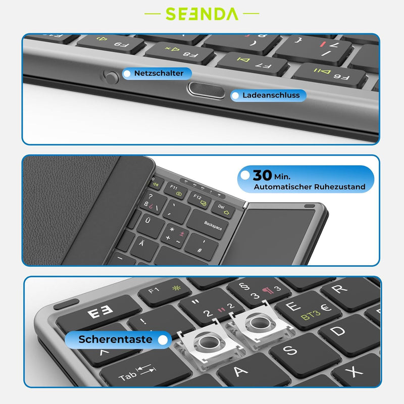 seenda Faltbare Bluetooth Tastatur mit Touchpad, Wiederaufladbare Kabellose Klappbare Tastatur mit T